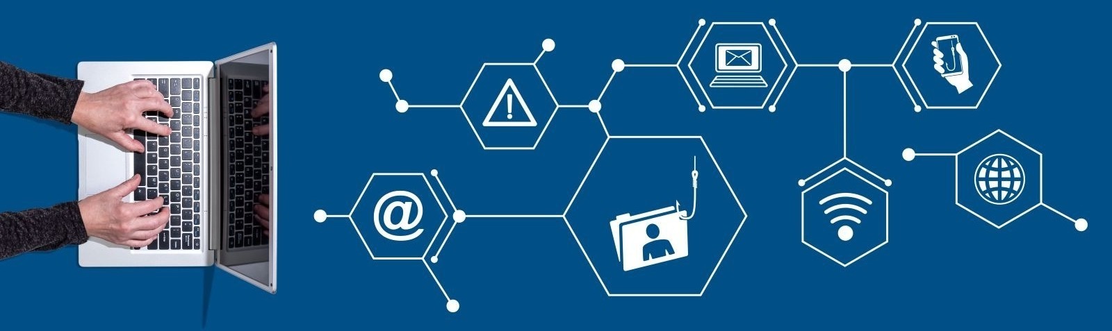 computer with hands typing next to symbols representing cyber phishing and scams